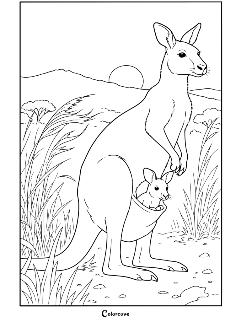 Dibujo para colorear de canguro con cría de canguro en la bolsa al atardecer, con una madre canguro y su cría en el Outback australiano como parte de nuestra colección de Canguro y Animales Australianos.