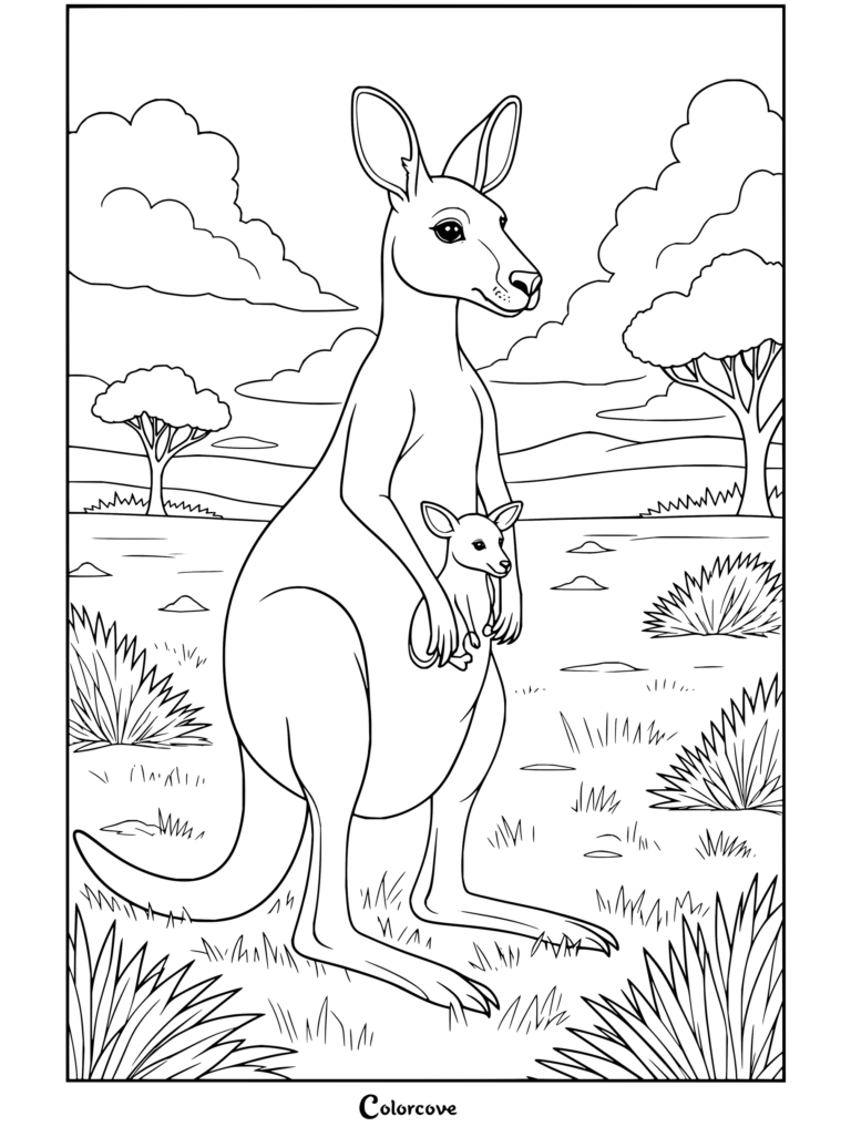 Dibujo para colorear imprimible de canguro con cría de canguro en la bolsa en el Outback australiano, con una madre canguro y su cría en el paisaje del Outback para fanáticos de Canguro y Animales Australianos.