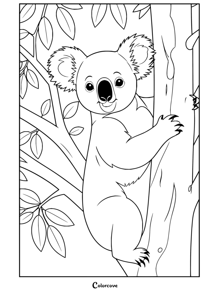 Dibujo para colorear imprimible de un tierno koala abrazando la rama de un árbol como parte de una colección de Canguro y Animales Australianos.