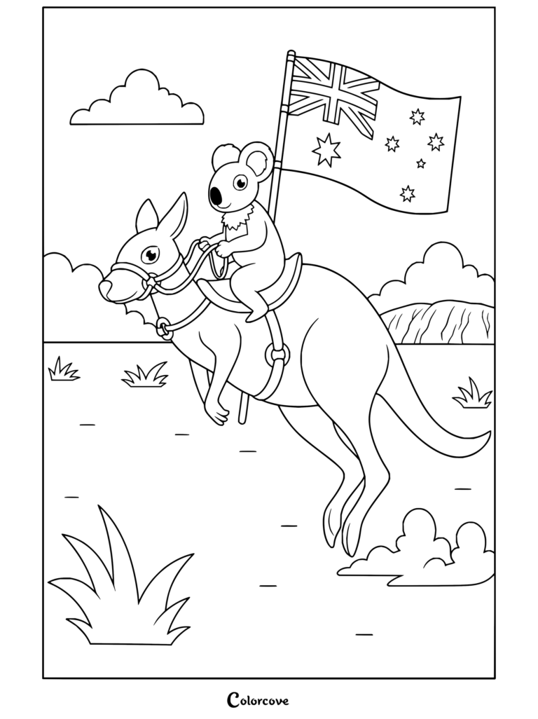 Dibujo para colorear de un koala sobre un canguro sosteniendo la bandera de Australia en el Outback, con temática de Canguro y Animales Australianos.