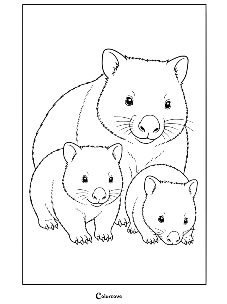 Dibujo para colorear imprimible de una familia de wombats con dos tiernas crías en el bosque bajo australiano para fanáticos de Canguro y Animales Australianos.