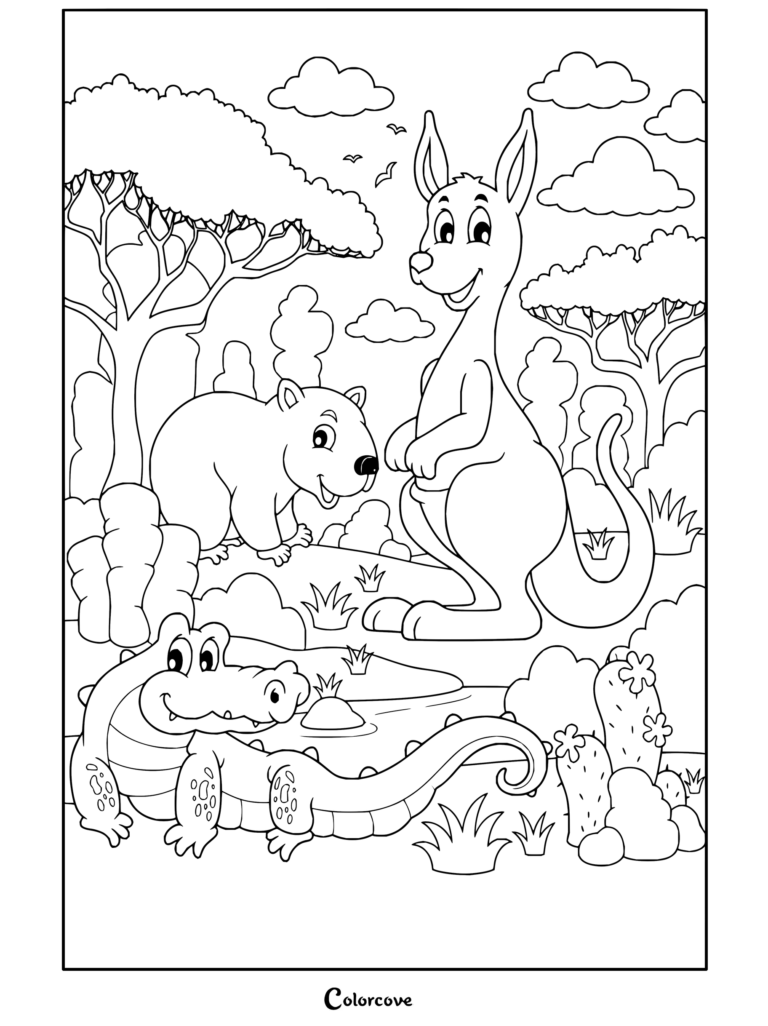 Dibujo para colorear temático de animales australianos con un canguro, wombat y cocodrilo en un paisaje.