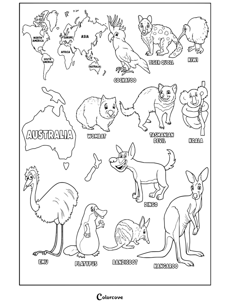 Dibujo para colorear imprimible con un mapa de fauna australiana y animales autóctonos como cacatúa, quoll de cola moteada, kiwi, wombat, demonio de Tasmania, koala, emú, ornitorrinco, bandicut, dingo y canguro para fanáticos de Canguro y Animales Australianos.