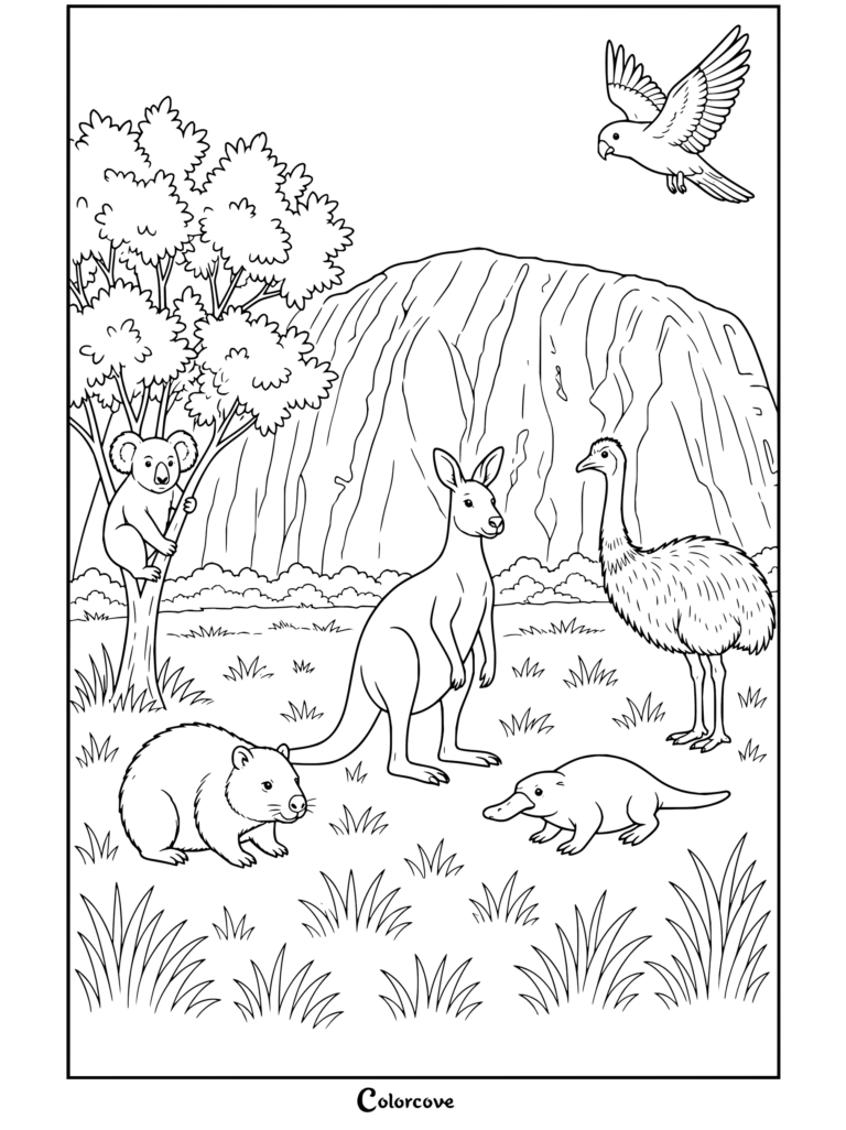Dibujo para colorear de fauna australiana con un koala, canguro, emú, wombat, ornitorrinco y cacatúa galah cerca de Uluru.