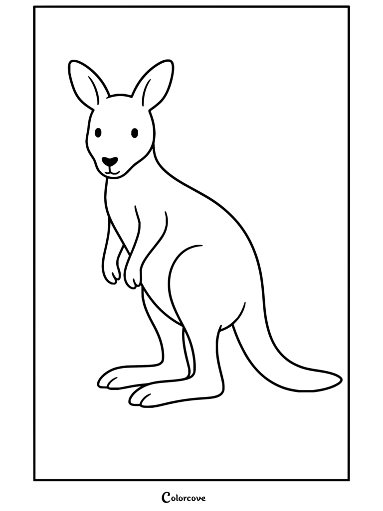 Dibujo para colorear imprimible de un ualabí de brida, un singular animal australiano y pariente del canguro, de pie con su característica cola curvada.