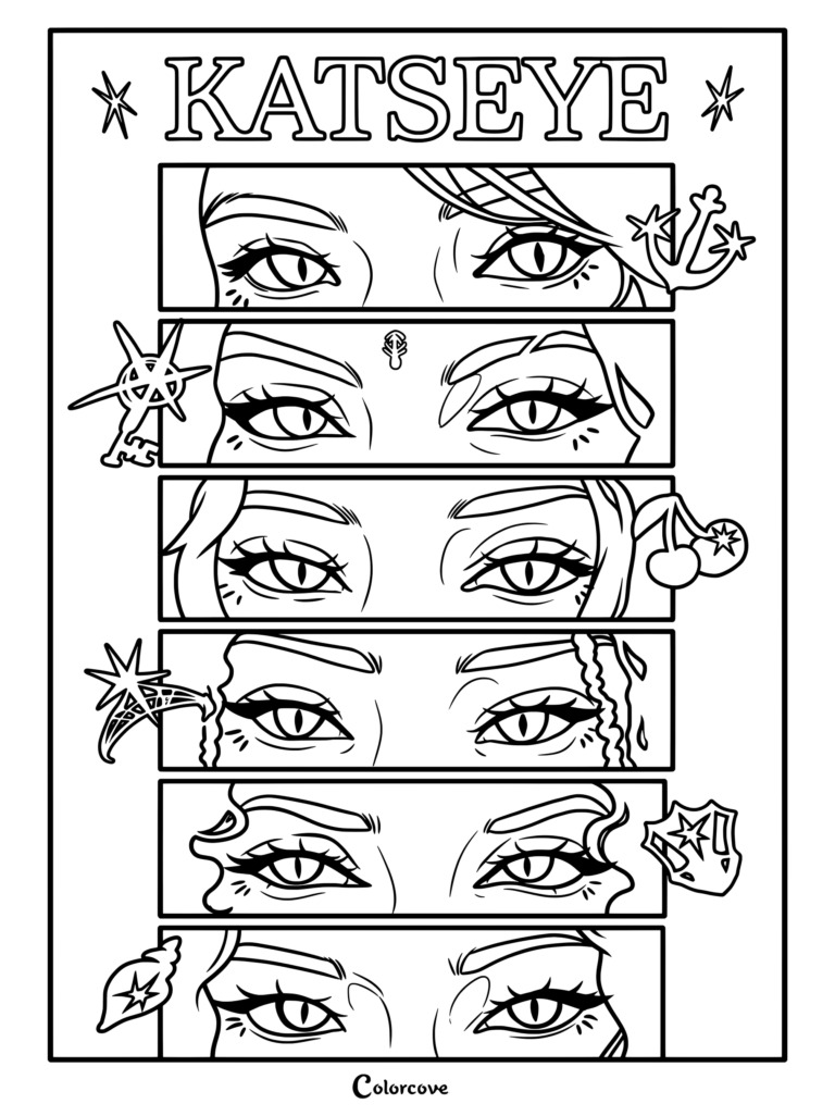 Page de coloriage à imprimer représentant un empilement vertical de six cases d'yeux stylisés pour les six membres de Katseye : Sophia, Lara, Daniela, Manon, Megan et Yoonchae