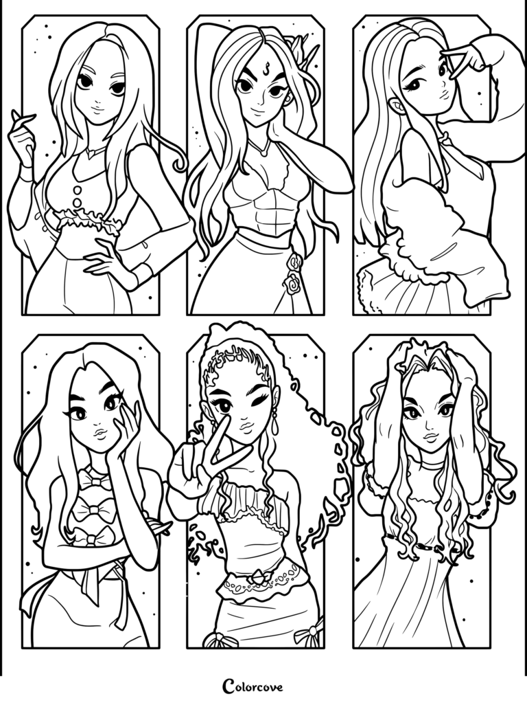 Coloriage à imprimer proposant six marque-pages des membres du groupe Katseye avec différentes poses et tenues