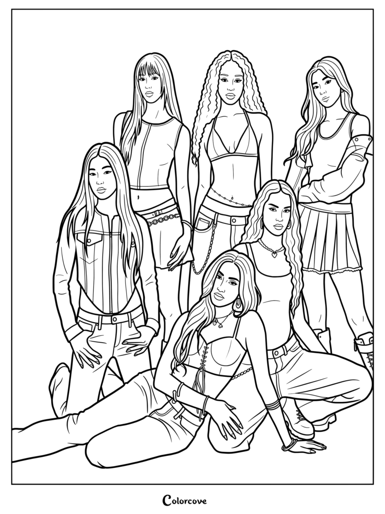 Coloriage de la campagne KATSEYE Better in Denim présentant les membres posant ensemble dans des tenues élégantes