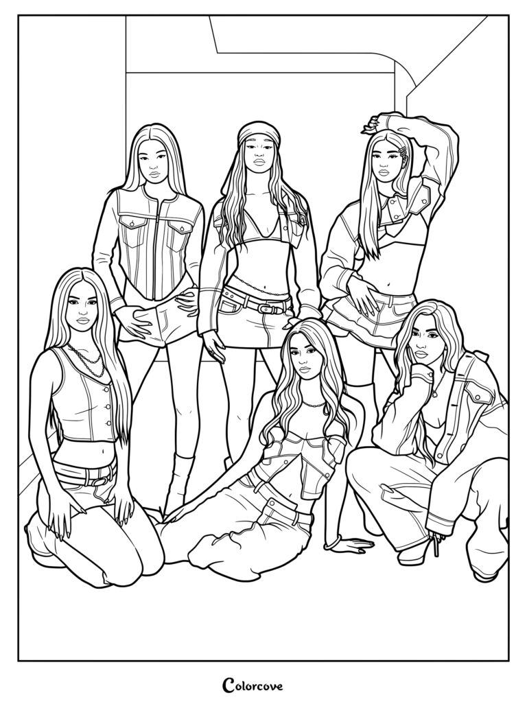 Coloriage KATSEYE Denim présentant les membres posant dans des tenues en jean très stylées