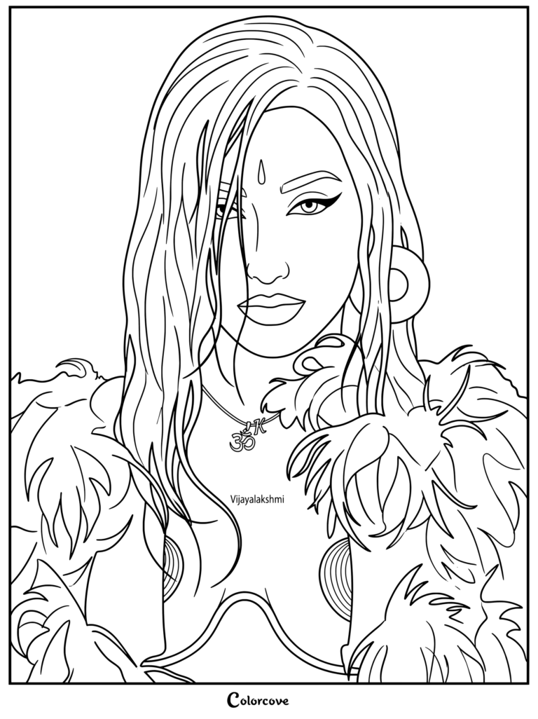 Page de coloriage où Lara Raj de Katseye est éblouissante dans un style orné de plumes bleu éclatant issu de la séance photo conceptuelle Wild Heart pour leur troisième EP, Wild
