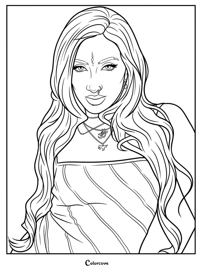 Page de coloriage de la collaboration Matrix avec Lara Raj, mettant en valeur des lignes détaillées de son visage, ses longs cheveux, son anneau de nez et ses colliers