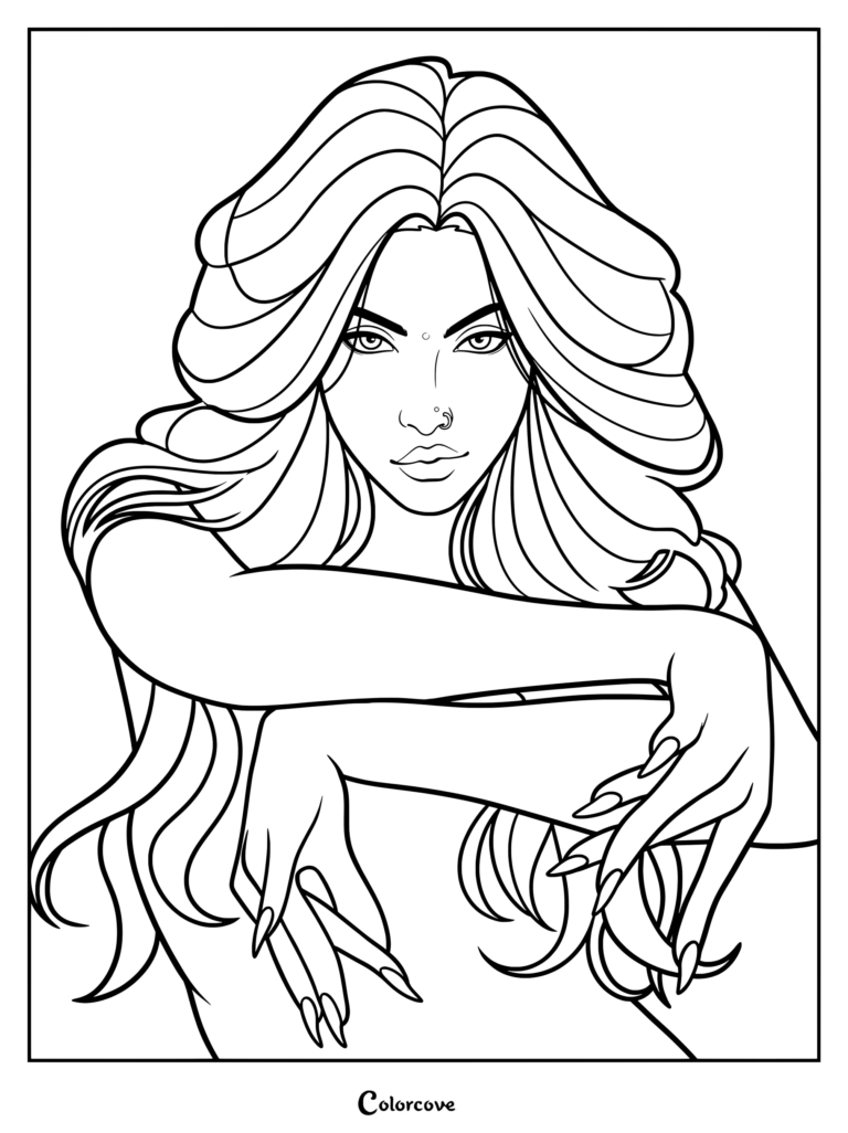 Page de coloriage de Lara Raj présentant un dessin au trait détaillé de ses longs cheveux ondulés et de son anneau de nez