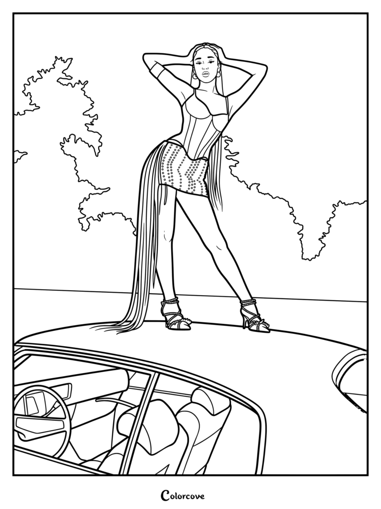 Page de coloriage à imprimer de Manon posant sur une voiture dans un corset bordeaux éclatant et une jupe à clous issus du photoshoot conceptuel de Beautiful Chaos