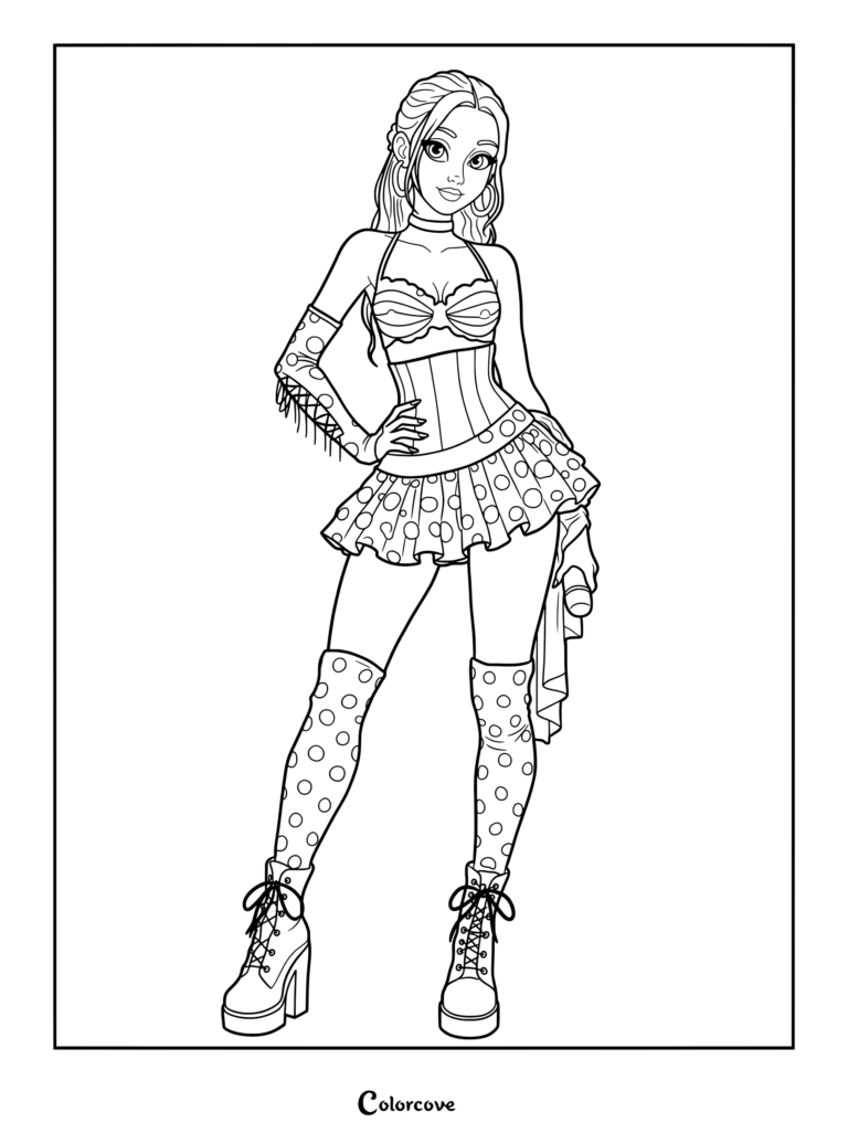Page de coloriage de Megan du groupe féminin mondial Katseye habillée de sa tenue de scène rose et noire à pois