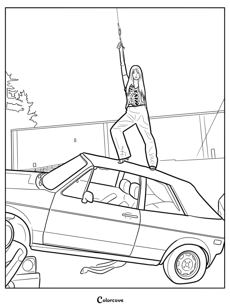 Page de coloriage où Megan pose avec dynamisme au-dessus d'une Volkswagen décapotable jaune vintage pour une photo conceptuelle de leur EP Beautiful Chaos