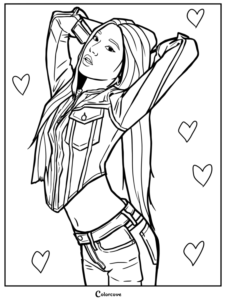 Page de coloriage de Megan Skiendiel du groupe féminin mondial Katseye portant une tenue en jean assortie, les mains derrière la tête