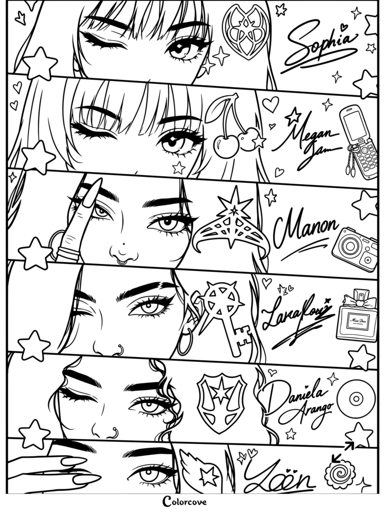 Page de coloriage style artistique Katseye avec des gros plans expressifs sur les yeux, associés aux symboles individuels des membres et à leurs signatures manuscrites