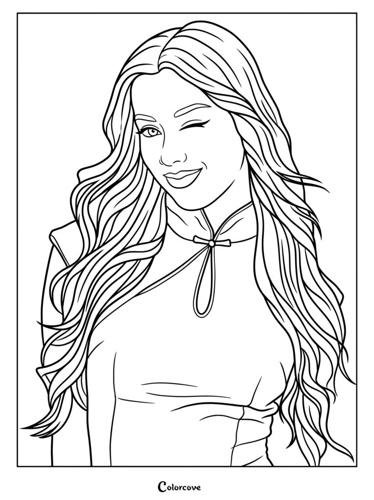 Dans cette page de coloriage à imprimer, Megan Skiendiel du groupe féminin mondial KATSEYE porte un haut montant en velours rose vif avec de longs cheveux ondulés foncés aux mèches roses.