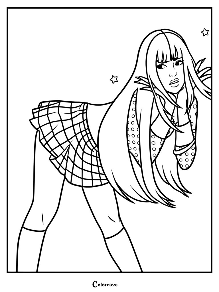 Page de coloriage de Megan Skiendiel prenant une pose dynamique et expressive durant l'ère Gnarly