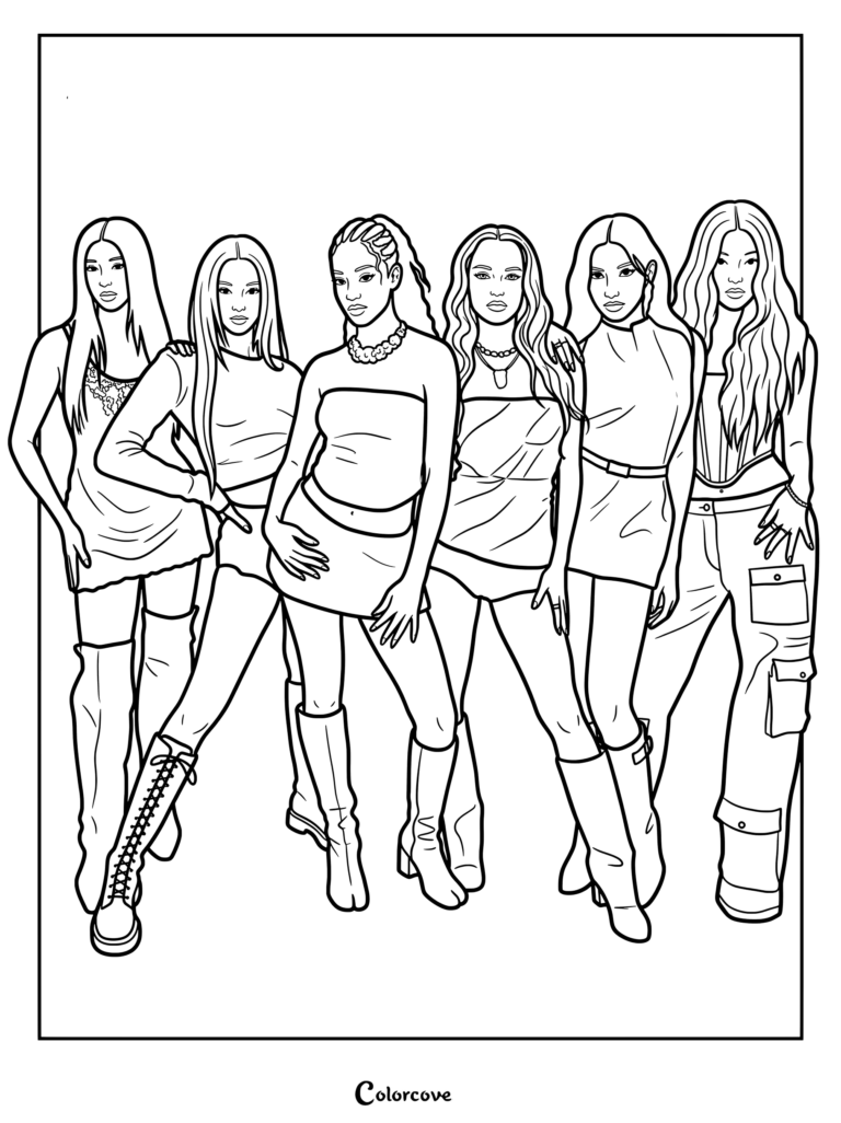 Coloriage des membres de Katseye portant des tenues rouges et noires dans le clip de leur single à succès Touch