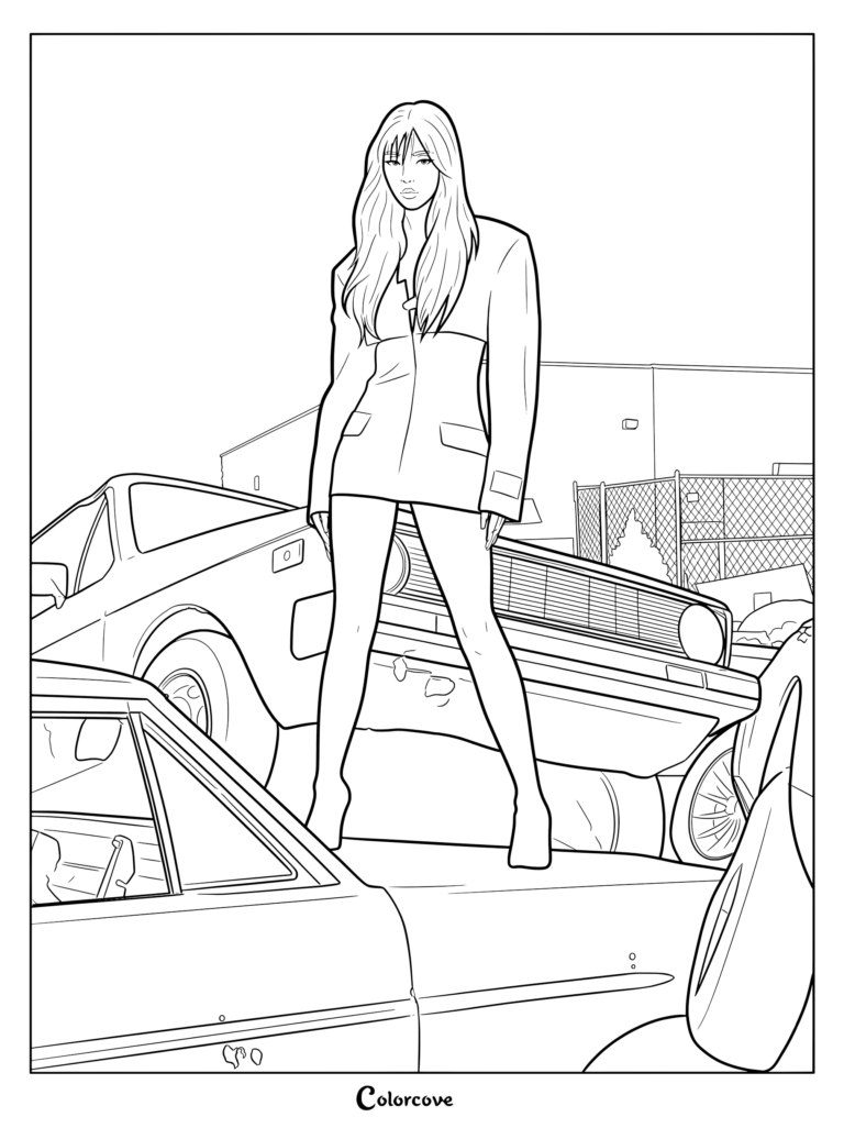 Page de coloriage où Sophia de Katseye pose dans un blazer noir saisissant et des cuissardes bleu sarcelle vif pour la photo conceptuelle de la version Chaotic de leur deuxième EP, Beautiful Chaos
