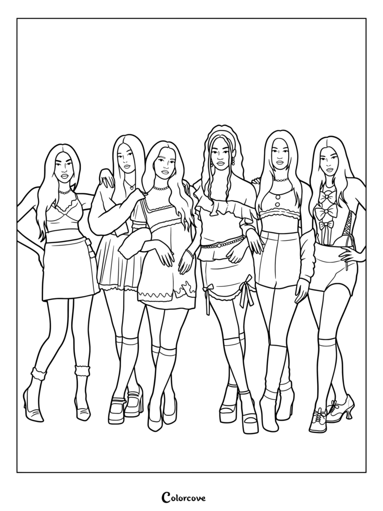 Page de coloriage où le groupe féminin mondial KATSEYE pose dans un style pastel façon poupée pour une photo conceptuelle de leur premier EP, SIS (Soft Is Strong)