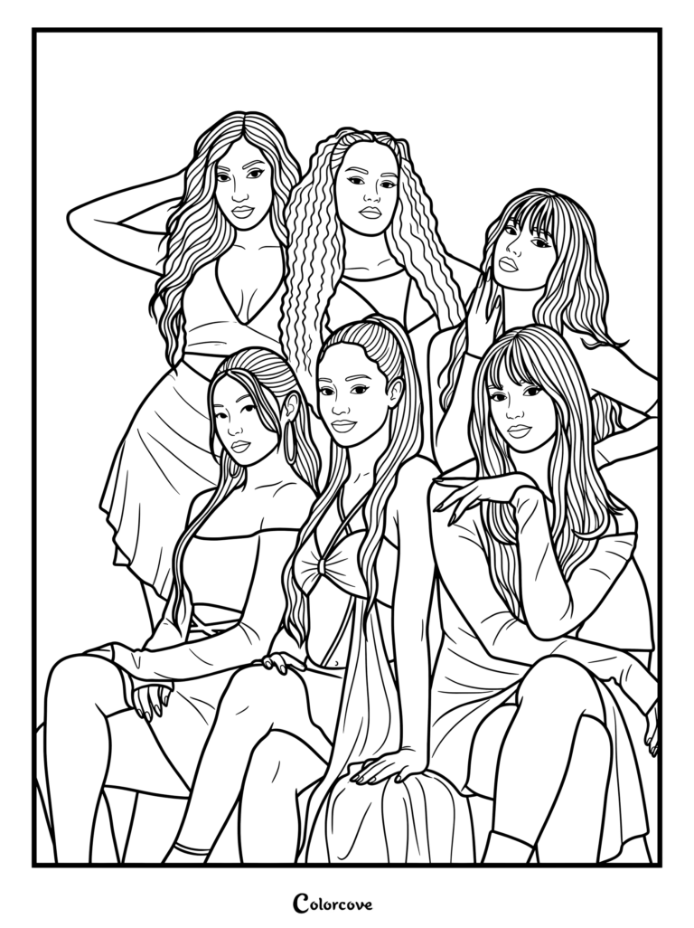 Coloriage à imprimer mettant en scène le groupe féminin mondial KATSEYE faisant la promotion de leur single à succès Gabriela issu de leur deuxième EP Beautiful Chaos