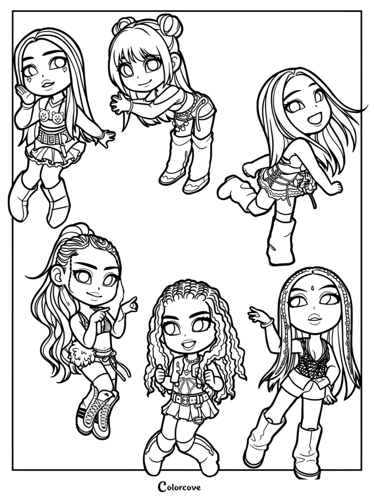 Coloriage d'illustrations fanart mignonnes en style chibi du groupe féminin mondial Katseye