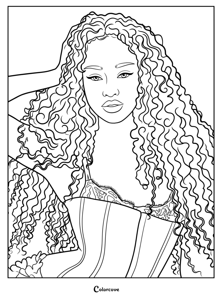 Page de coloriage à imprimer représentant Manon Bannerman avec de longs cheveux bouclés volumineux et bien définis pour la campagne Matrix