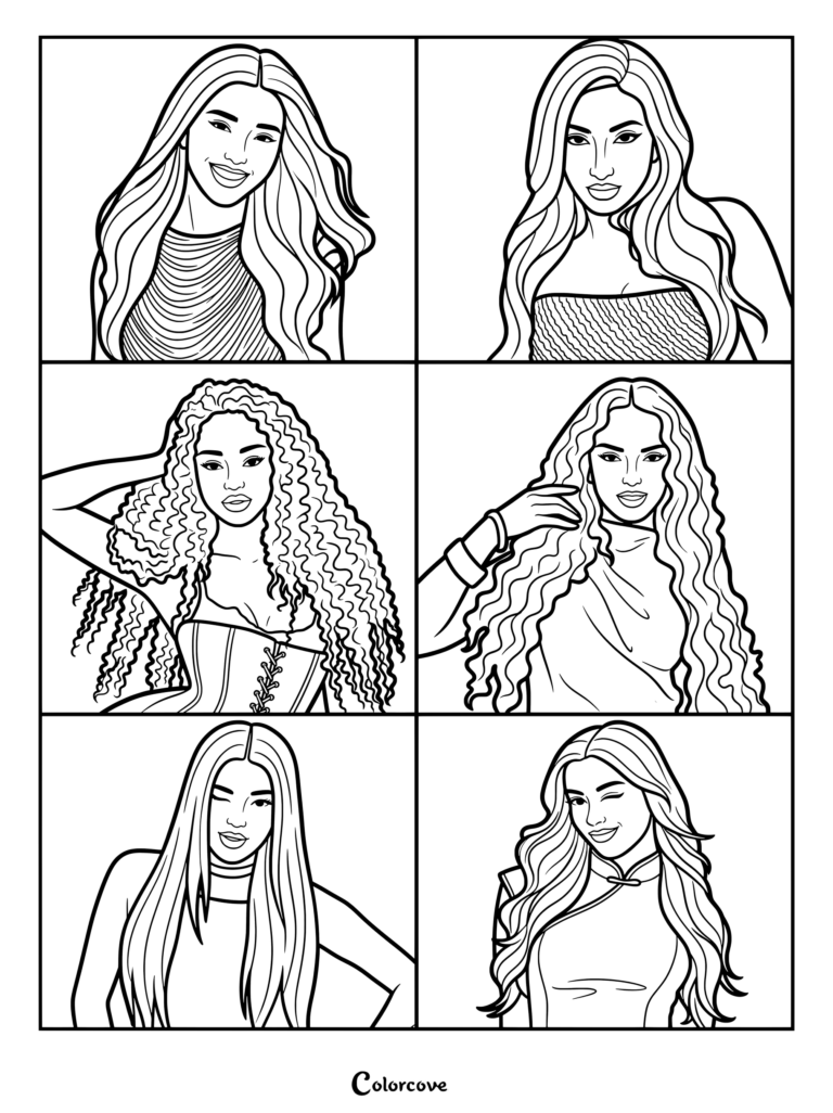 Page de coloriage présentant les membres du groupe féminin mondial KATSEYE avec des portraits individuels sur des fonds colorés