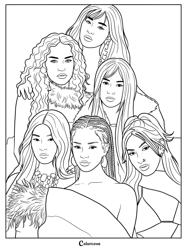 Coloriage de la photo conceptuelle de Katseye pour leur deuxième EP Beautiful Chaos version Chaotic montrant les membres ensemble