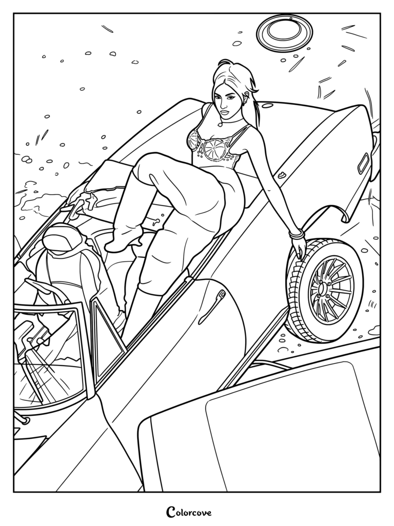 Page de coloriage de Lara Raj posant sur une voiture rose accidentée pour une photo conceptuelle promotionnelle de leur deuxième EP, Beautiful Chaos (2025)