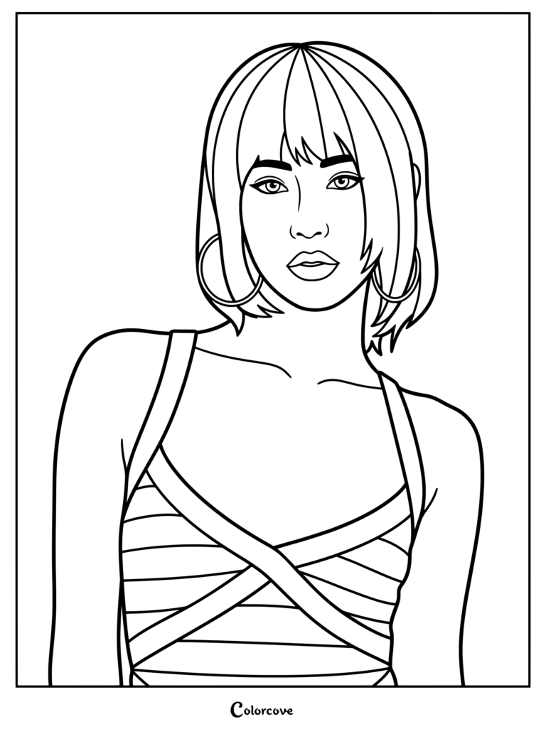 Page de coloriage à imprimer de Sophia Laforteza de Katseye portant une perruque carré multicolore et une robe bandage turquoise pour les photos conceptuelles de WILD