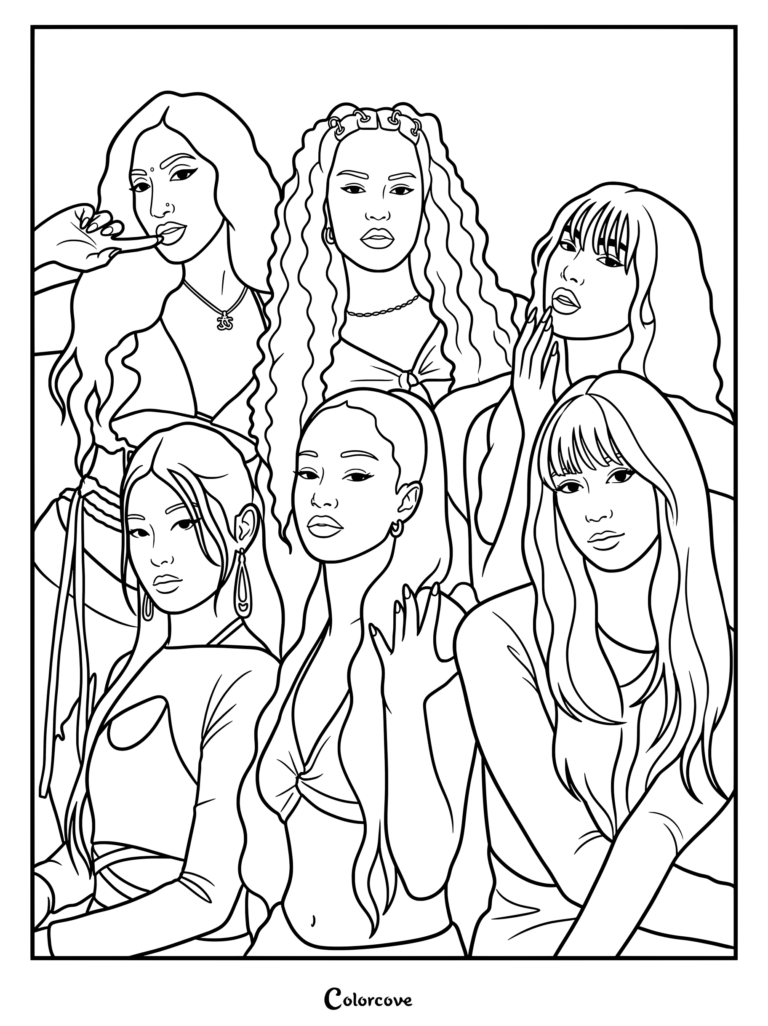 Coloriage à imprimer du groupe féminin mondial KATSEYE posant ensemble dans des tenues assorties de couleur crème