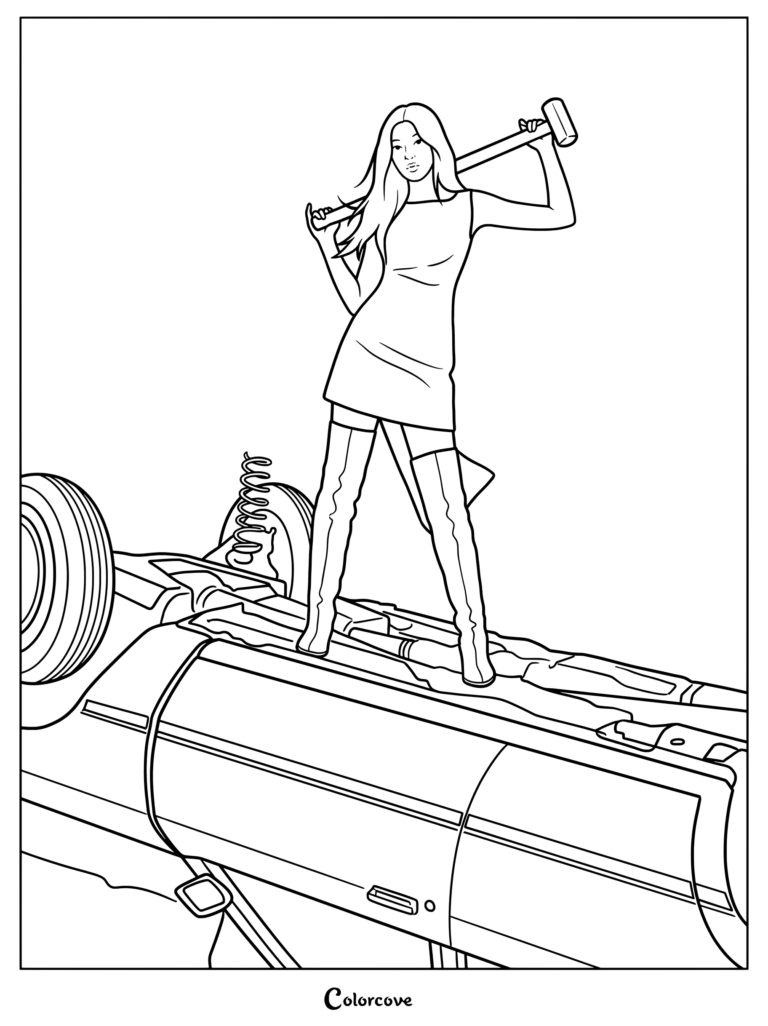 Page de coloriage de Yoonchae posant sur le toit d'une voiture avec une masse pour leur deuxième EP, Beautiful Chaos