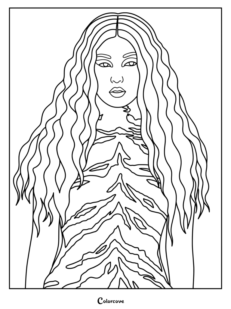Page de coloriage à imprimer où Yoonchae de KATSEYE porte une perruque rose gaufrée audacieuse et un haut imprimé tigre par Kim Shui dans les photos conceptuelles Wild Heart pour leur EP WILD, disponible le 14 août 2026