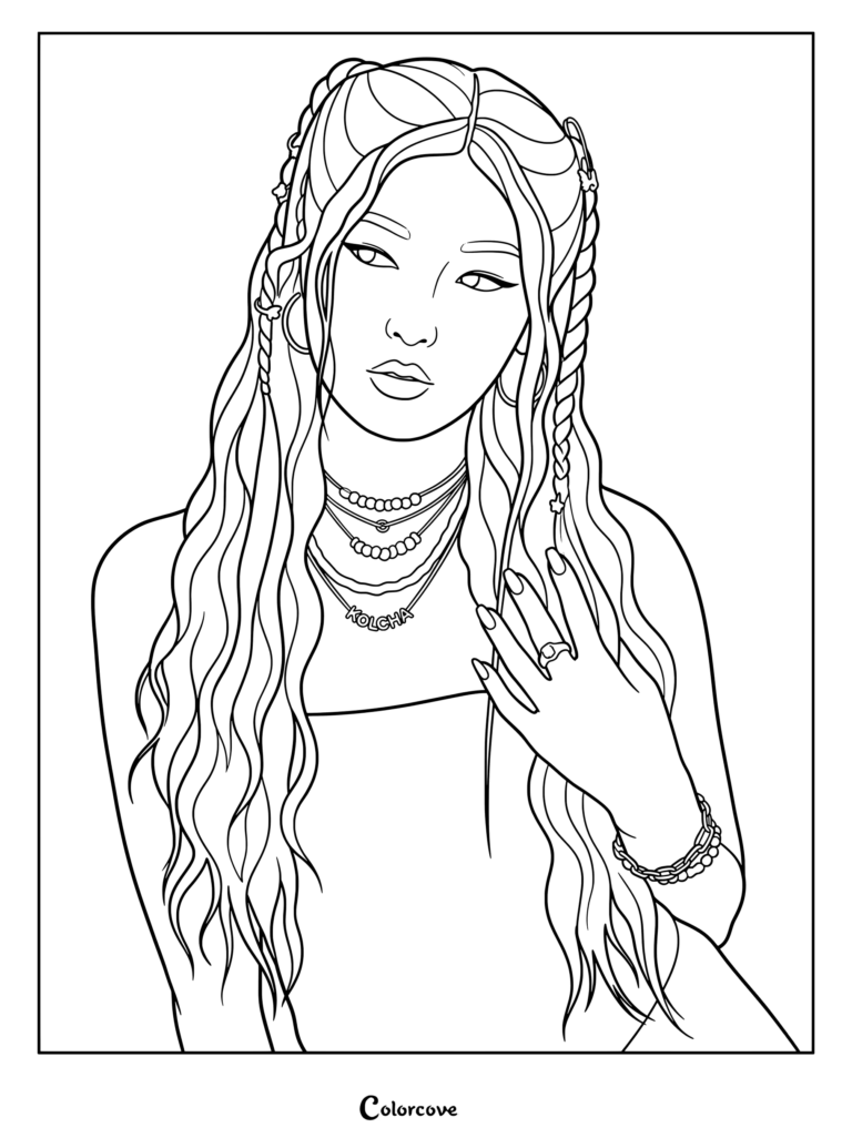 Page de coloriage issue de la campagne promotionnelle pour la collection Mini Charms de Pandora, où Yoonchae de KATSEYE porte un bustier en satin rose agrémenté de bracelets et colliers pampilles superposés