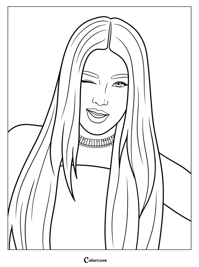 Page de coloriage pour la collaboration Matrix où Yoonchae porte un superbe bustier lavande associé à un collier ras-de-cou étincelant en strass argentés