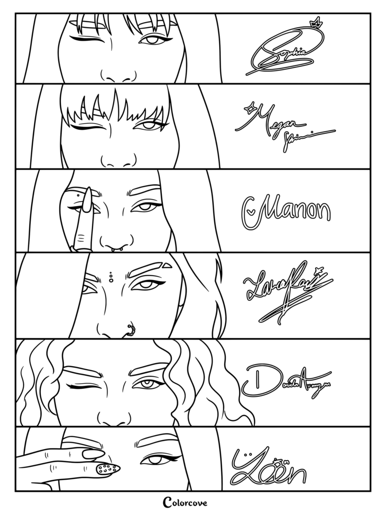 Coloriage des signatures des membres de Katseye avec des portraits en gros plan et les prénoms manuscrits de Sophia, Megan, Manon, Lara, Daniela et Yoon.