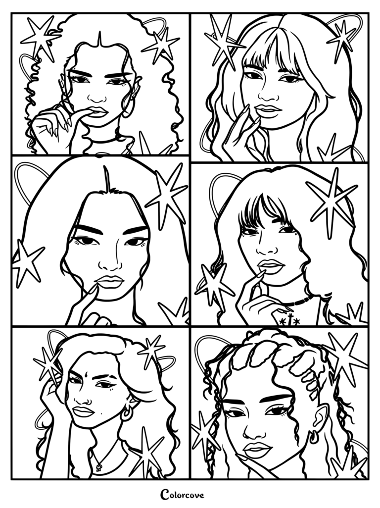 Coloriage en collage des membres de Katseye présentant six portraits entourés d'étoiles