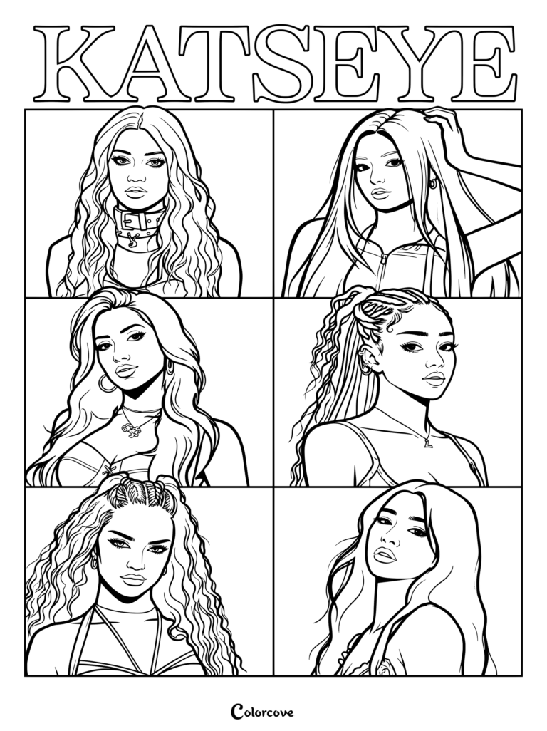 Coloriage de Katseye montrant les six membres dans une grille de portraits aux contours nets en noir et blanc