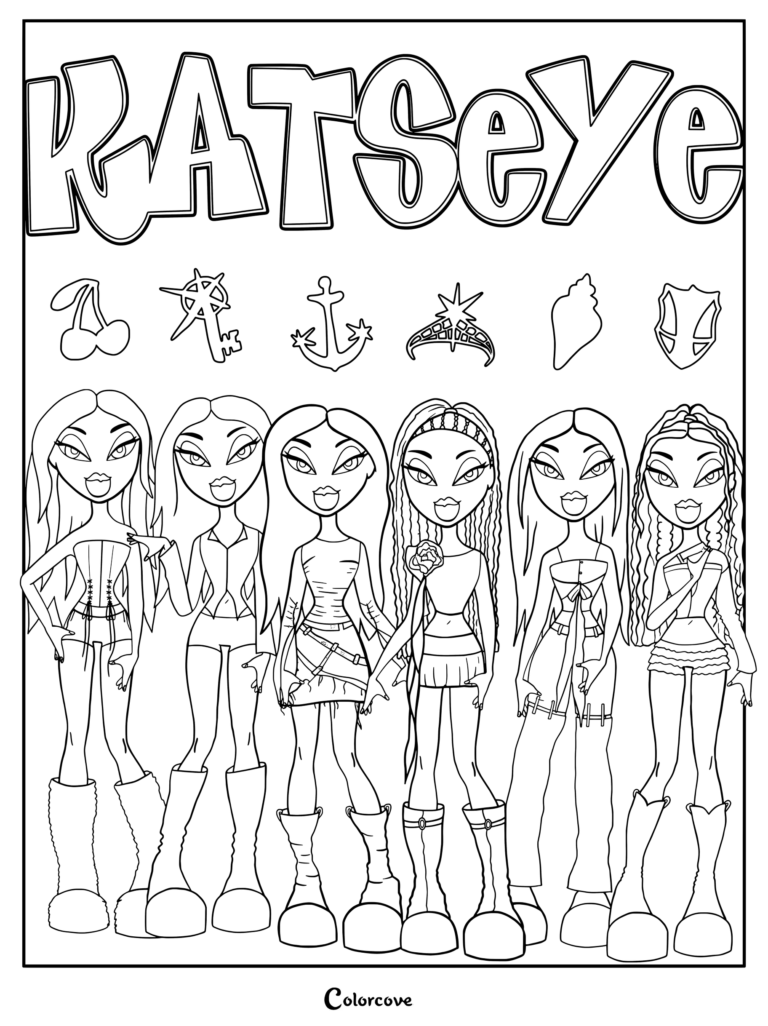 Coloriage KATSEYE x BRATZ présentant les six membres dans des styles uniques avec des icônes amusantes.