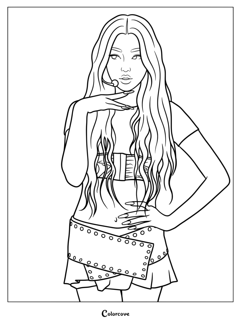 Yoonchae du girl group KATSEYE portant sa tenue de scène audacieuse et superposée crème et beige ornée d'œillets issue de leur single Gnarly sur ce coloriage à imprimer