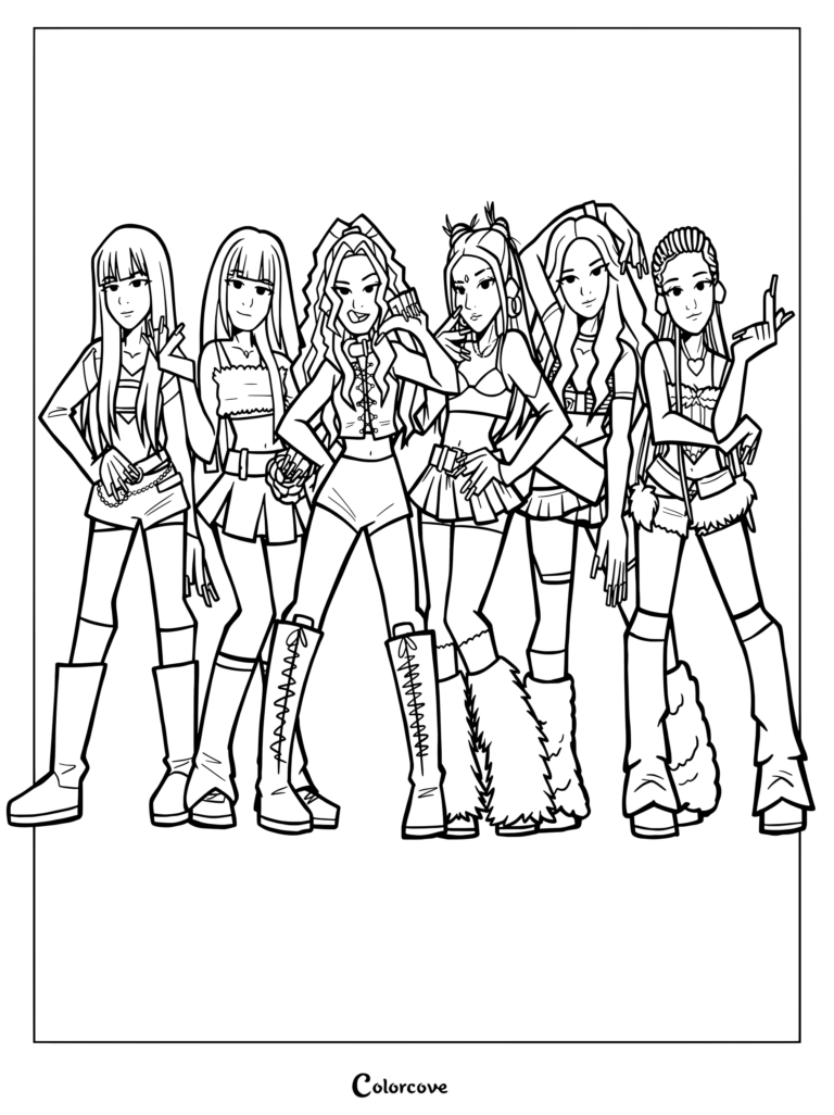 Coloriage fanart numérique stylisé des membres du groupe féminin mondial Katseye posant ensemble.