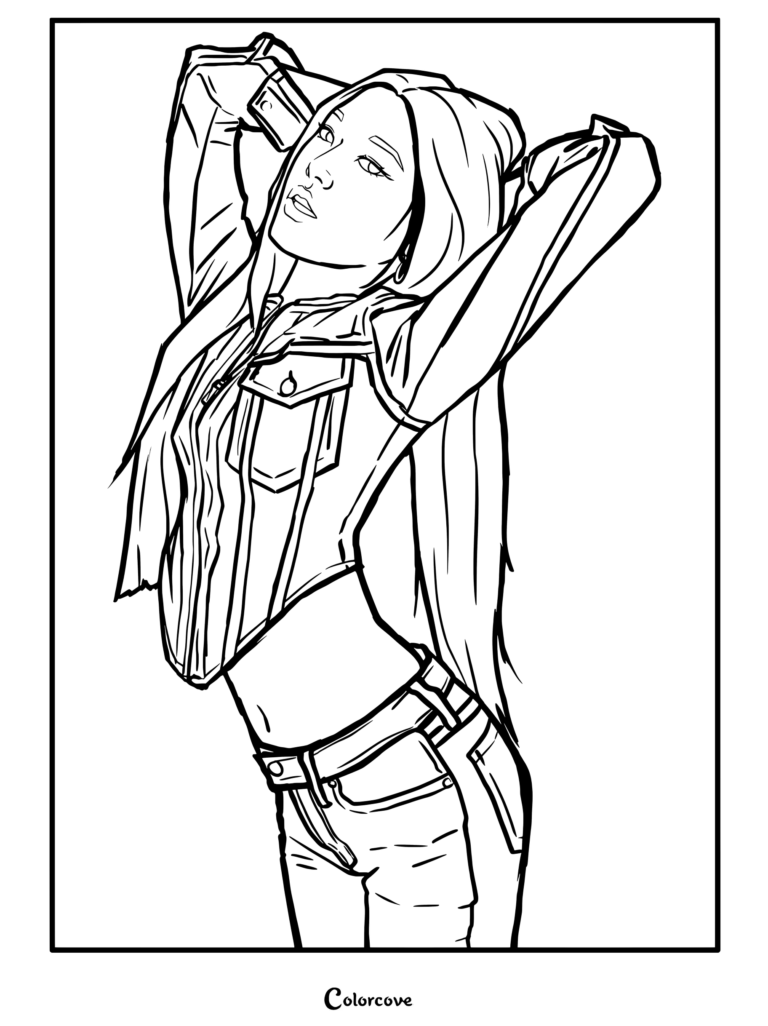 Coloriage fanart numérique de Yoonchae de Katseye portant une tenue en jean bleu.