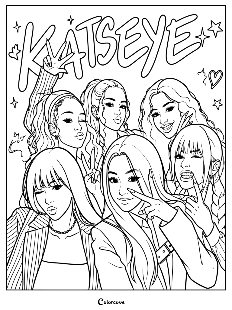 Les membres de Katseye posent ensemble pour un selfie de groupe amusant sur ce coloriage.