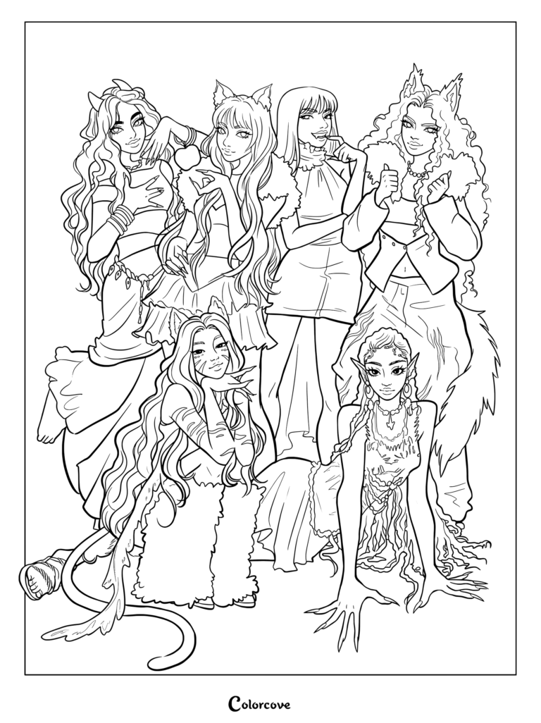 Coloriage de Katseye présentant un fanart du groupe féminin mondial réinventé dans le style Monster High.