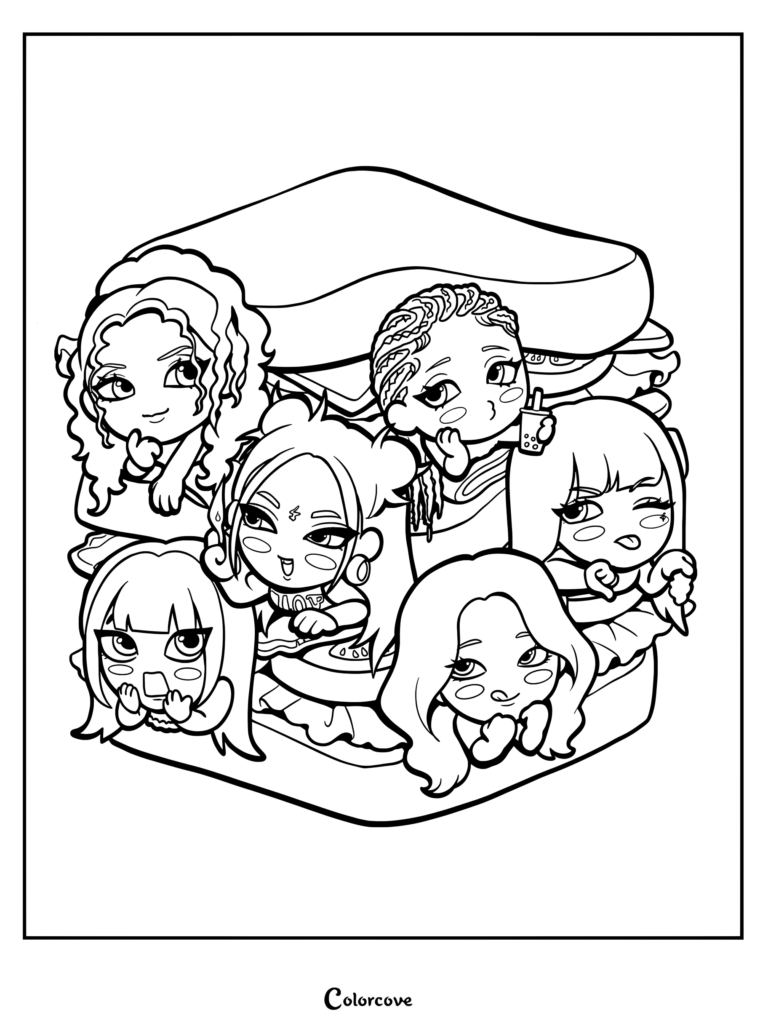 Coloriage Katseye chibi sandwich Gnarly avec les adorables membres superposées dans un sandwich géant.