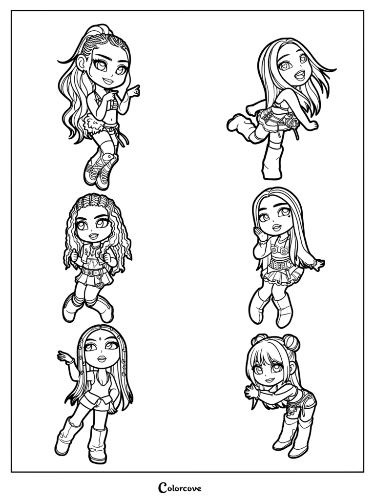 Coloriage du groupe Katseye en chibi représentant les adorables membres animées.