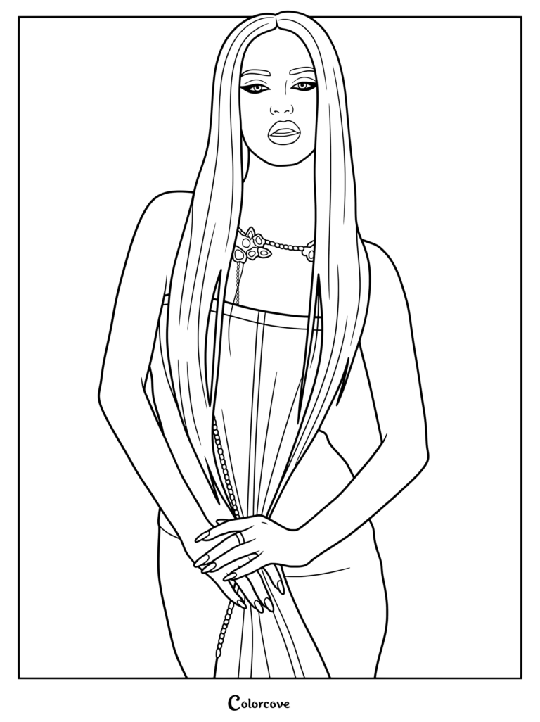 Page de coloriage issue de la photo conceptuelle pour l'EP de KATSEYE intitulé WILD, où Daniela Avanzini porte d'extravagantes extensions de cheveux rayées et une mini-robe bustier rose